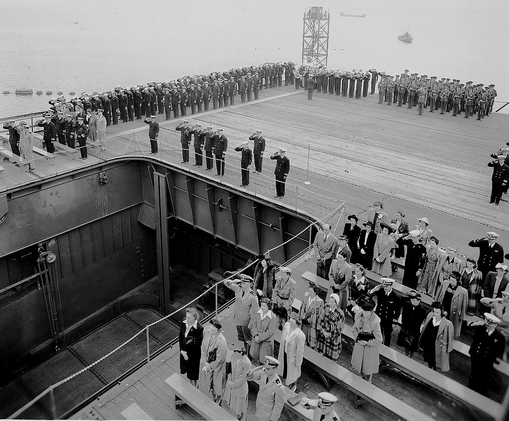 Commissioning ceremonies of USS Nassau (ACV-16) at the Puget Sound Navy Yard on Thursday, 20 August 1942